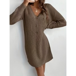 Plus Size, Women's Olive Green V-Neck Collar Sweater Dress with Short Sleeves & Single Button Closure - A-Line Winter Dress for, Office, Semi-Formal Wear - Machine Washable Cozy Outfit