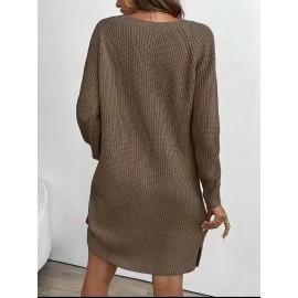 Plus Size, Women's Olive Green V-Neck Collar Sweater Dress with Short Sleeves & Single Button Closure - A-Line Winter Dress for, Office, Semi-Formal Wear - Machine Washable Cozy Outfit