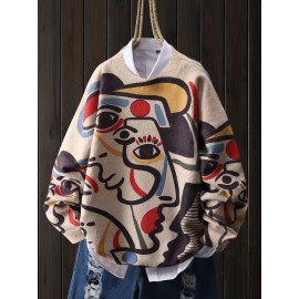 Plus Size - Plus Size - Plus Size Sweater with a Graffiti Style Featuring a Colorful Line Art of a Human Face, a Casual Round-Neck Long-Sleeve Top, Women'S Plus-Size Clothing.