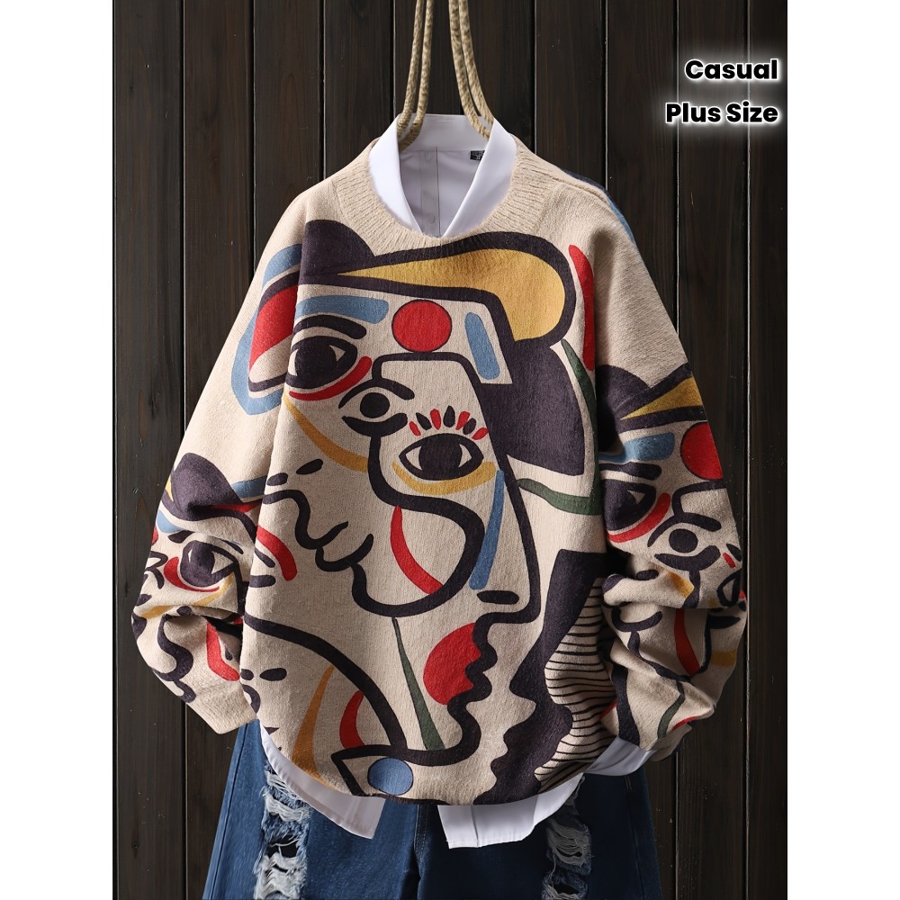Plus Size - Plus Size - Plus Size Sweater with a Graffiti Style Featuring a Colorful Line Art of a Human Face, a Casual Round-Neck Long-Sleeve Top, Women'S Plus-Size Clothing.