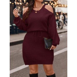 [Elegant Dress] Elegant Plus Size Women's Off-Shoulder Dress | Long Sleeve Round Neck with Waist Tie & Pencil Silhouette, Solid Color Machine Washable Resort Wear for Spring/Fall