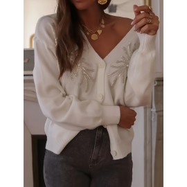 Plus Size - Women'S Elegant V-Neck Cardigan with Pearl Embellishments - French Chic Button-Front Design, Long Sleeve, Lightweight for Fall/Winter, White, Winter Cardigans Lightweight