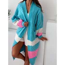 Women'S Elegant Striped Cardigan - Fashionable Off-the-Shoulder Long Sleeve, Deep V-Neck, Large Size, Spring/Fall, Pocket, Casual Wear|Vneck Cardigan|Stretchy Fabric