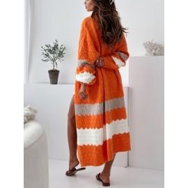 Women'S Elegant Striped Cardigan - Fashionable Off-the-Shoulder Long Sleeve, Deep V-Neck, Large Size, Spring/Fall, Pocket, Casual Wear|Vneck Cardigan|Stretchy Fabric