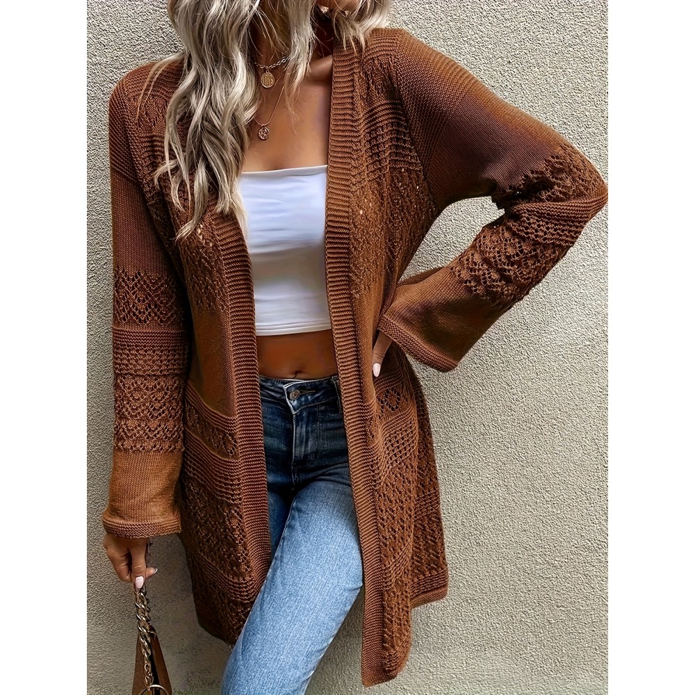 Plus Size, Plus-size fashionable solid openwork cardigan, casual long-sleeve crochet cardigan