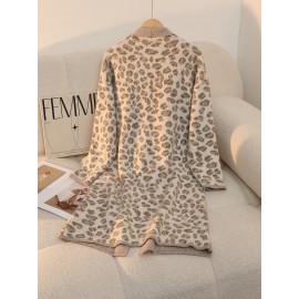 Plus Size - Women'S Leopard Print Cardigan - Cozy Mid-Length Open Front with Pockets, Oversized Fit for Fall/Winter, Warm & Stylish for Casual or Commuting, Cozy Clothing | Leopard Print Cardigan | Construction, Leopard Print Cardigan