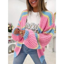 Plus Size, Rice Leaf Selection Fresh Youthful Cardigan for Women, Loose Thick-Needle Color Striped Patchwork Lantern Sleeve Open Collar Casual Sweater Jacket, Autumn Layering Piece, Winter Cozy Wear, Soft Texture