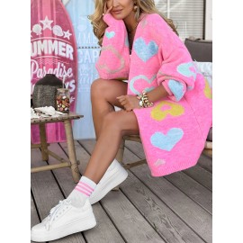 Plus Size - Women'S Pink Heart Pattern Cardigan - V-Neck, Long Sleeve, Mid-Length Open Front Sweater for Fall/Winter, Casual Style with White Top and Jeans, Cardigan Sweater