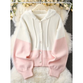 Plus Size - Women'S Korean Style Pink Patchwork Hooded Sweater - Casual Long Sleeve Cardigan with Button Front, Loose Fit for Fall/Winter, Lightweight & Cozy, Buttoned Cardigan