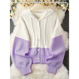 Plus Size - Women'S Korean Style Pink Patchwork Hooded Sweater - Casual Long Sleeve Cardigan with Button Front, Loose Fit for Fall/Winter, Lightweight & Cozy, Buttoned Cardigan