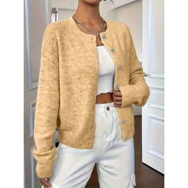 Plus Size - Plus Size - Women'S Elegant Solid Color Long Sleeve Cardigan - Soft Stretchy Button-Front Open Front Sweater, Round Neck Fall/Winter Coat for Casual & Formal Outfits, Cardigan Sweater, Winter Clothing, Stylish Knitwear, Office Wear