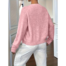 Plus Size - Plus Size - Women'S Elegant Solid Color Long Sleeve Cardigan - Soft Stretchy Button-Front Open Front Sweater, Round Neck Fall/Winter Coat for Casual & Formal Outfits, Cardigan Sweater, Winter Clothing, Stylish Knitwear, Office Wear