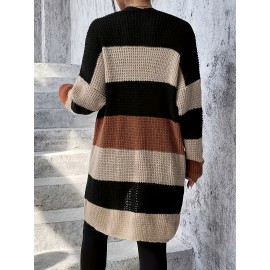[Elegant Cardigan] Soft Elegant Women's Color Block Cardigan | Long Sleeve Mid-Length Sweater with Pockets, Relaxed Fit for Fall Winter, Casual & Formal Outfits