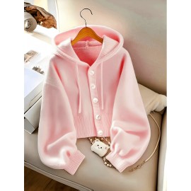 Plus Size - Women'S Ivory Yellow Loose-Fit Hooded Cardigan - Soft with Button Front, Chest Pockets & Ribbed Cuffs, Elegant Spring/Fall Layering Essential for Casual or Chic Outfits, Versatile Clothing, Classic Collar Design, Cozy Fabric