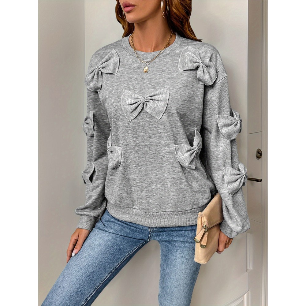 Women'S Casual Pullover Long Sleeve Sweatshirt with Decorative Bows - Soft Gray Loose Fit Crew Neck Top for Spring & Fall, Perfect for Casual Attire, Relaxed Fit Top | Bow Embellished Top | Comfortable Fit