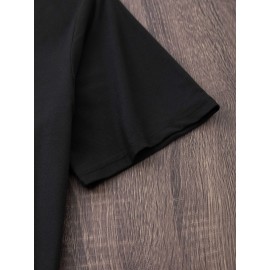 Women's Black Cherry Print Short Sleeve T-Shirt - Geometric Pattern with Pink Cherries & Green Leaves, 180gsm Polyester, Round Neck, All-Season Casual Top, Machine Washable, Cherry Tshirt, Playful Design, Texture