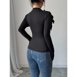 [Floral Embellished Crop Top] Elegant Floral Embellished Women's Black Long-Sleeve Crop Top | High Neck, Ruched Design, Cinched Waist, Perfect for Casual or Stylish Outfits