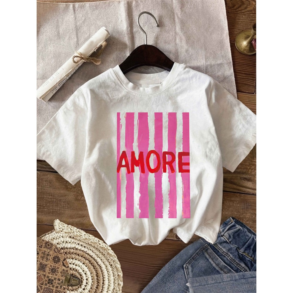Women'S Casual AMORE Graphic Print T-Shirt - Short Sleeve, Round Neck, Lightweight Polyester, Pink Stripes Design, Perfect for Spring, Summer & Fall, Ladies T Shirts