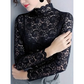 Set of 2, Solid Color Lace Tops, Featuring a Mock Neck And Elegant Long Sleeves, Perfect As a Base Layer for Spring And Autumn, Women'S T-Shirt.