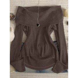 Women's Elegant Asymmetrical hem long Sleeve T-Shirt - Chic Brown Tops for Casual & Formal Outfits - Machine Washable Everyday Women's Fashion Blouse, Office Attire, Modern Style, Medium Stretch, Stylish Shirt, Office Women