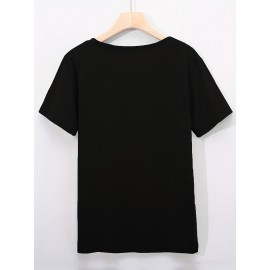 Kawaii Cat Eating Sushi print t-shirt, short sleeve crew neck casual top for summer & spring, Women's clothing