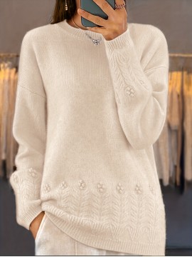 Plus Size, Women's Oversized Elegant Sweater - Winter Warm Round Neck Long Sleeve Cable- Texture Sweater for Fall & Winter, Cozy Casual to Formal Outfits, Plus Size Available (Hand Washable) - Versatile Everyday & Special Occasion Sweater