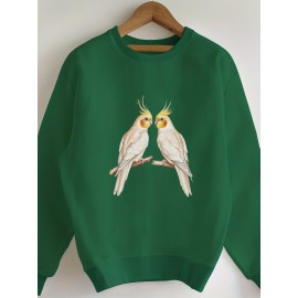 Branch Two Elegant Cockatiels Women's Casual Sweatshirt - Black Geometric Bird & Branch Design, 100% Polyester, Machine Washable, Regular Fit Round Neck for Autumn/Winter, Everyday Comfort, Natureinspired Design, Easy Care Clothing