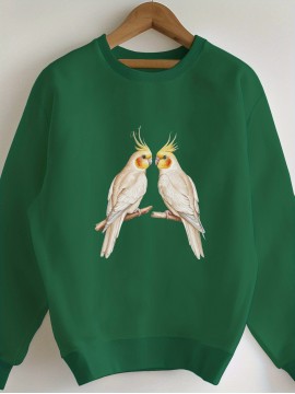 Branch Two Elegant Cockatiels Women's Casual Sweatshirt - Black Geometric Bird & Branch Design, 100% Polyester, Machine Washable, Regular Fit Round Neck for Autumn/Winter, Everyday Comfort, Natureinspired Design, Easy Care Clothing