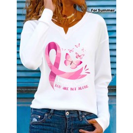 [Breast Cancer Awareness] Women's V-Neck T-Shirt | Pink Ribbon & Butterfly Graphic - 