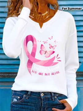 [Breast Cancer Awareness] Women's V-Neck T-Shirt | Pink Ribbon & Butterfly Graphic - 